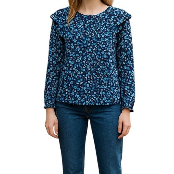 Gap long sleeve blue floral blouse, L, ruffled shoulders, Prairiecore Pretty - Picture 1 of 9
